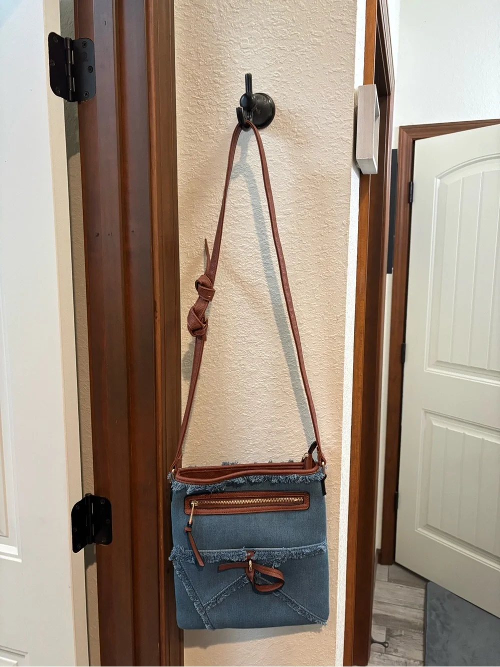 Cato Denim Crossbody Bag with Brown Trim
